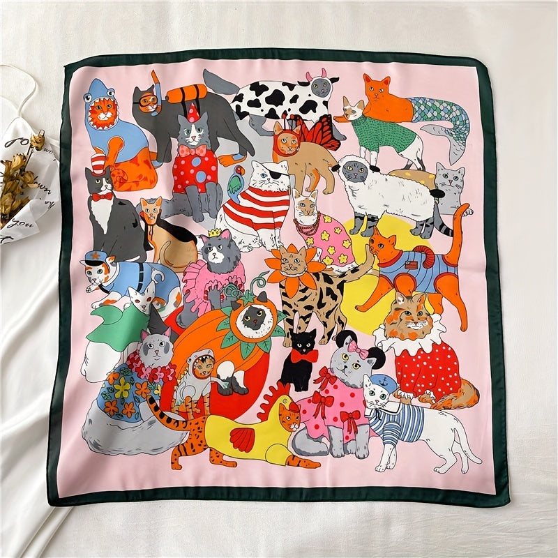 70 0cm Cat Cartoon Pattern Square Scarf Silk Feeling Headband For Women