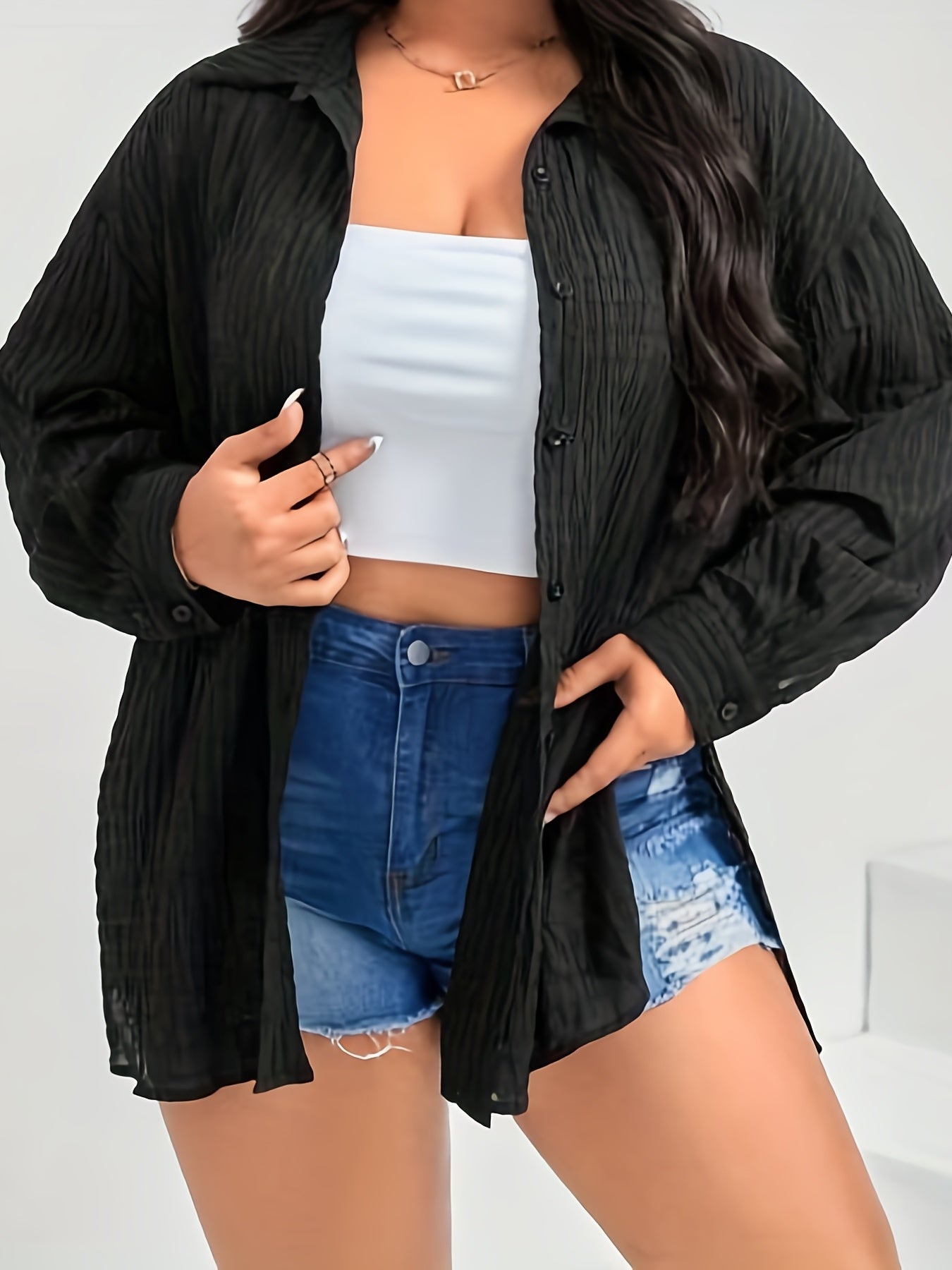  Women's Solid Long Sleeve Button Up Split Shirt