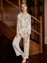 Ink Print Pajama Set Long Sleeve Top & Elastic Waistband Pants