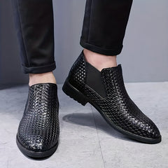 Men's Woven Effect PU Leather Chelsea Boots Slip on Shoes