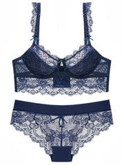 Lace Thin Cup Lingerie Set Breathable Semi Sheer Knitted Fabric Intimates