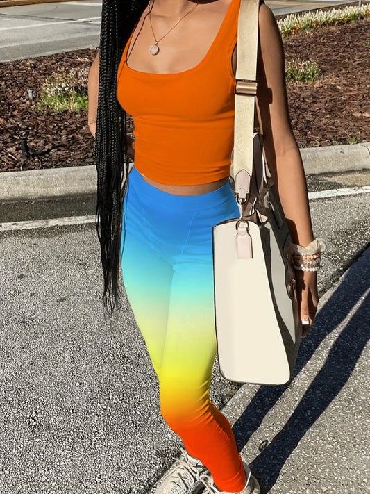  2 Piece Set Crew Neck Tank & Ombre Print Leggings