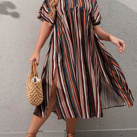  Women's Short Sleeve Striped Split Dress