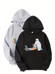 2pcs Pattern Print Boys Casual Pullover Hooded Sweatshirt