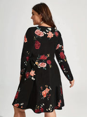  Floral Print Long Sleeve V Neck Dress