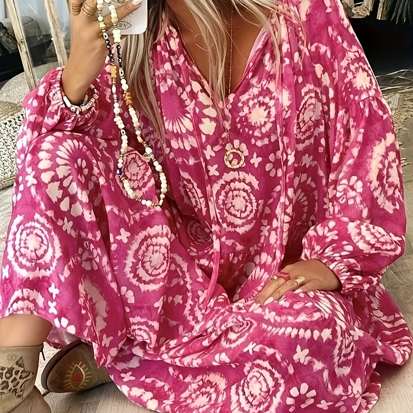  Tie Dye Lantern Sleeve Maxi Dress