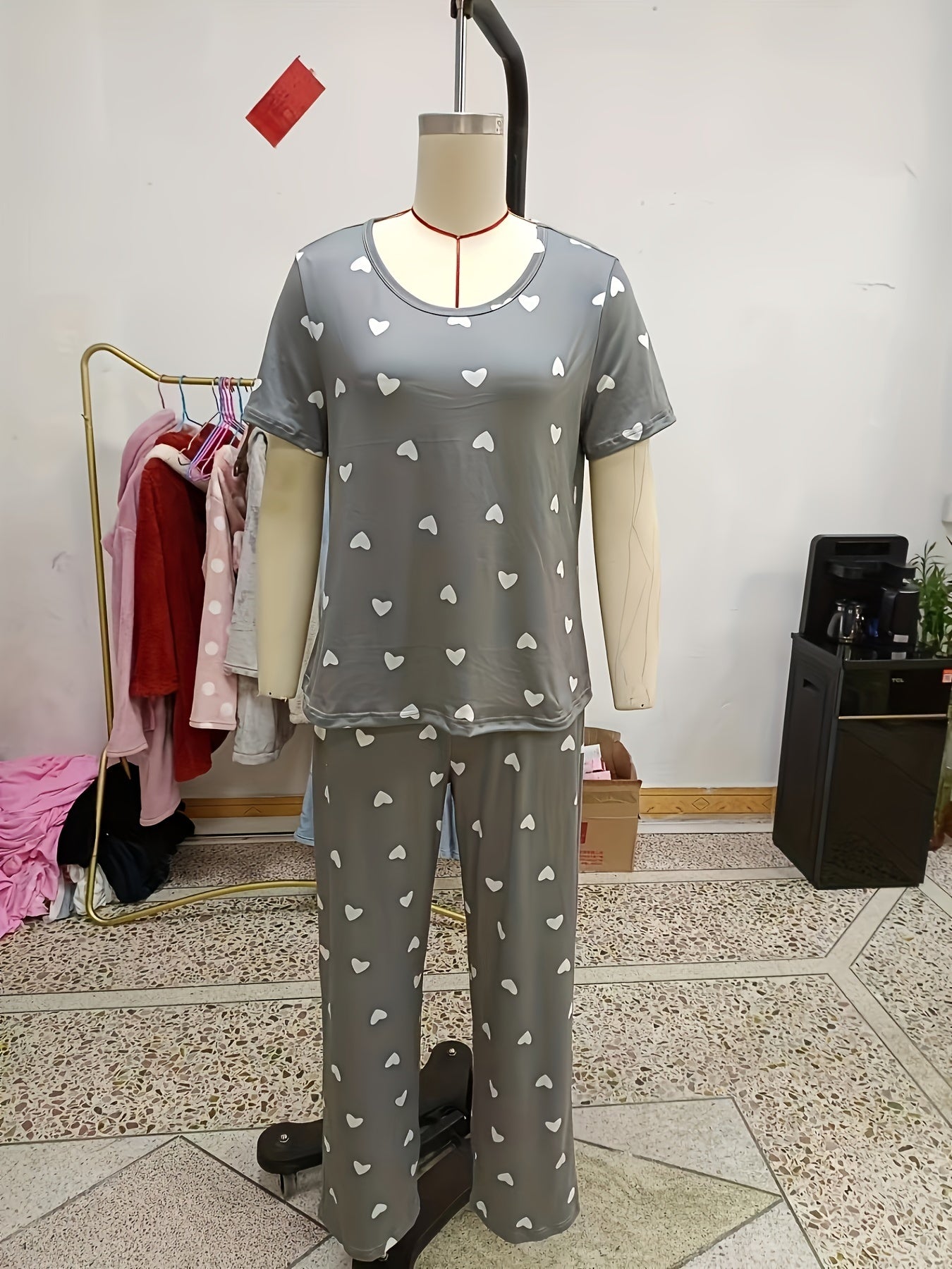 Heart Print Pajama Set Short Sleeve Round Neck Top & Elastic Waistband Pants