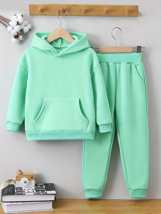 2Pcs Girls Fleece Sports Hoodie And Pant Suit Set