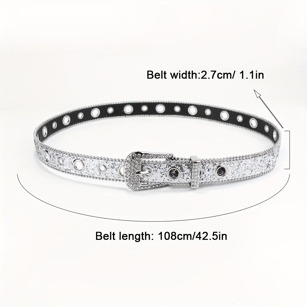 Y2K Eyelet Belt Sparkling Rhinestone PU Leather Waistband