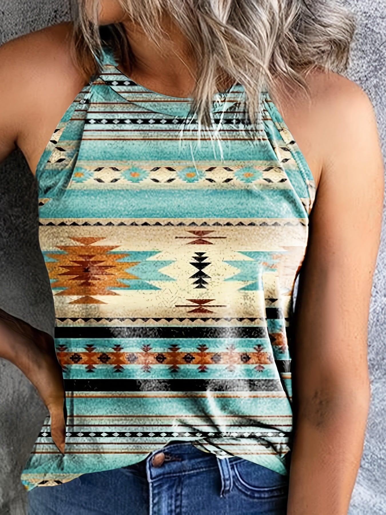 Western Geo Print Halter Neck Top Casual Sleeveless Tank Top