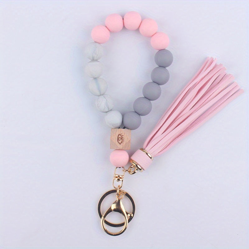 Silicone Beaded Keychain Bracelet for Women Car Keyring Pendant Wristlet Bangle