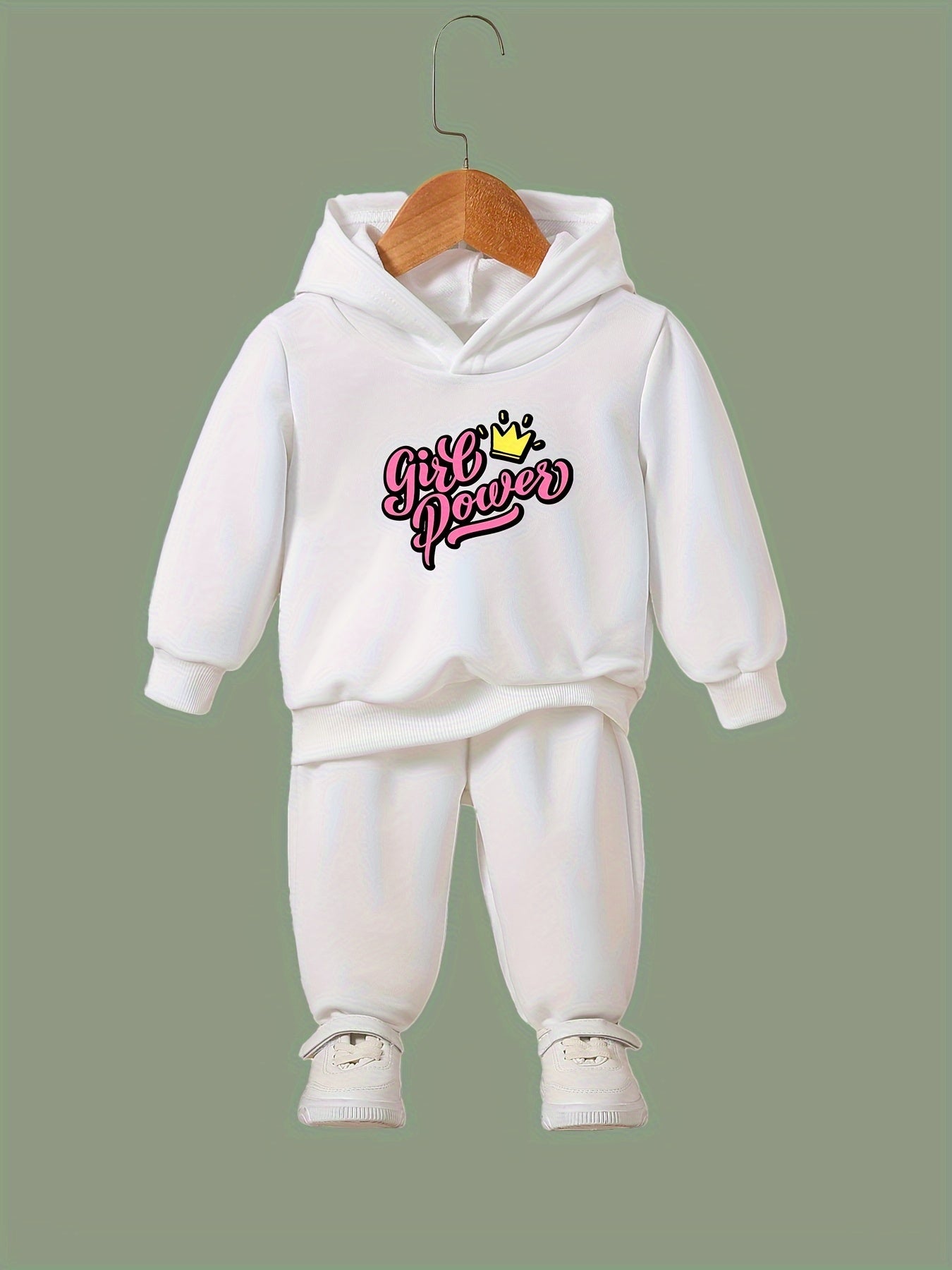 Girls Crown Pattern Hooded Sweatshirt & Sweatpants Set