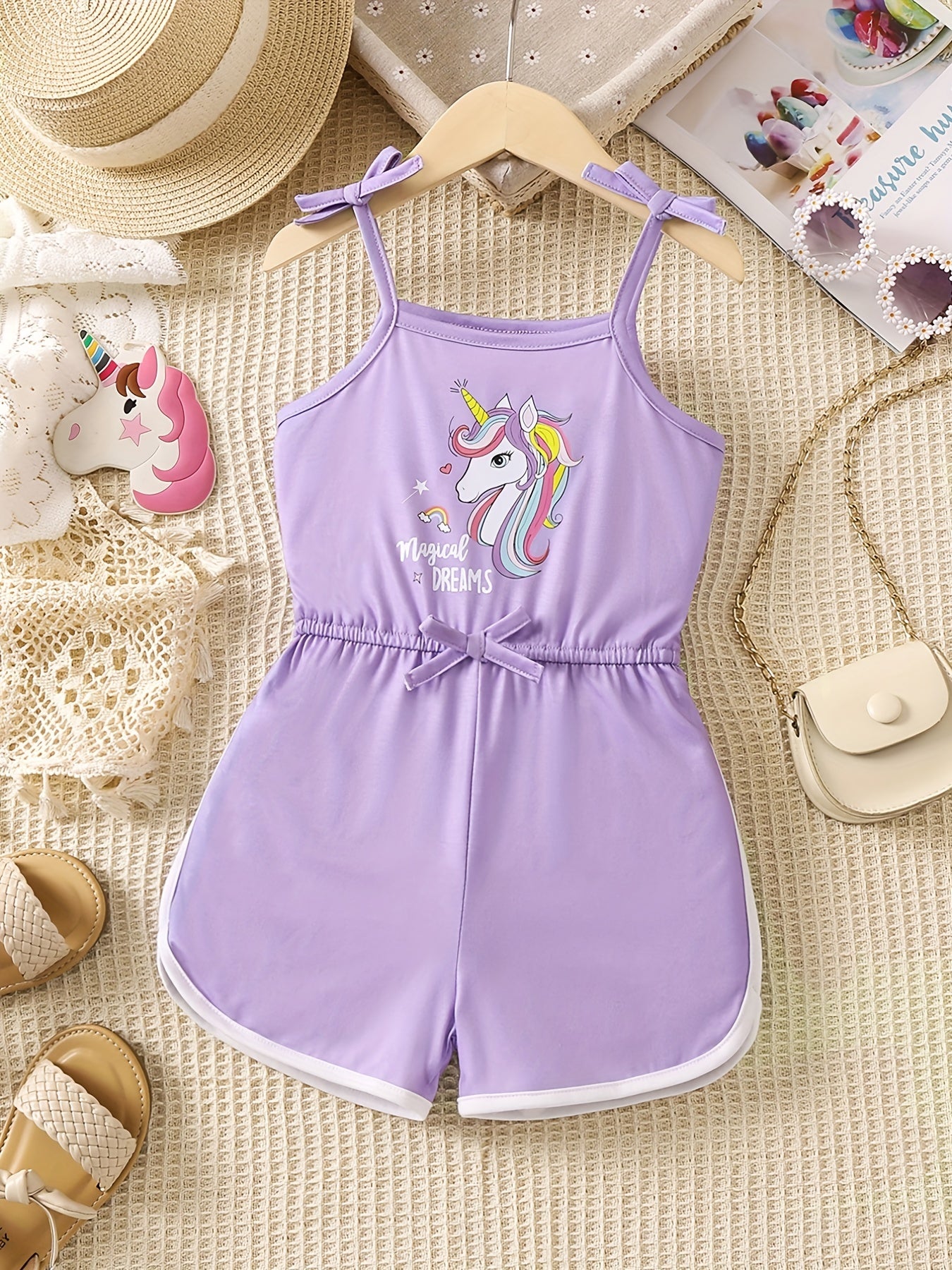Toddler Girls Unicorn Graphic Bow Cami Rompers Jumpsuits