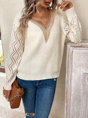 Hollow Guipure Lace Knit Sweater V Neck Long Sleeve