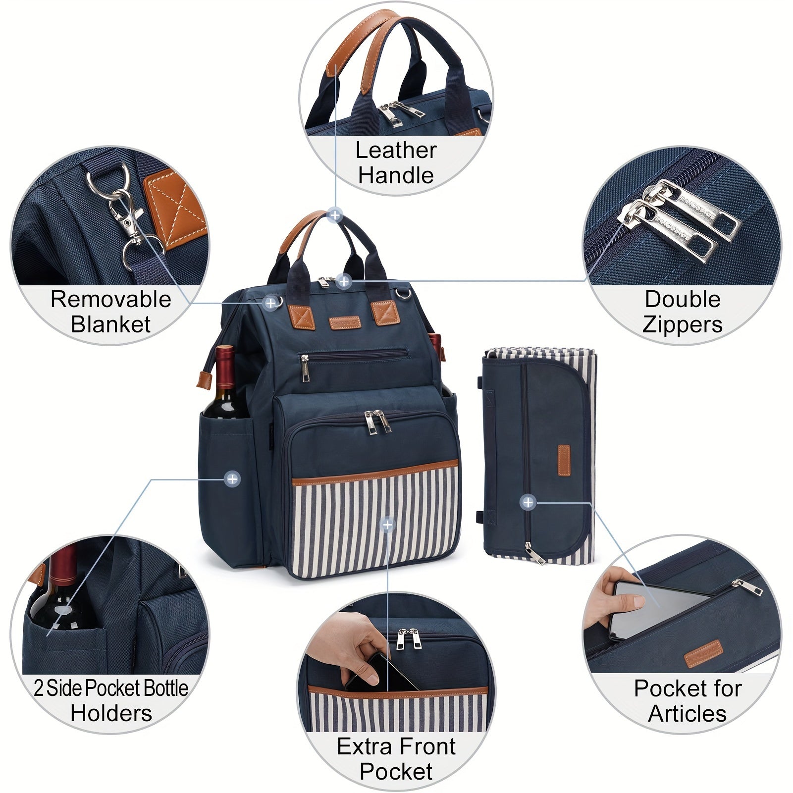 Picnic Backpack Bag for 4 Insulated Cooler Pouch Wooden Cutlery