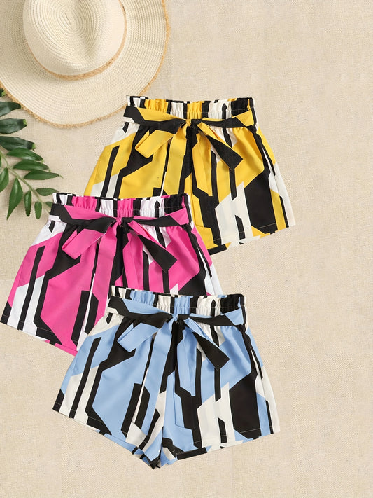 Geometric Print 3-Pack Shorts Women's Casual Elastic Waist Lace Up