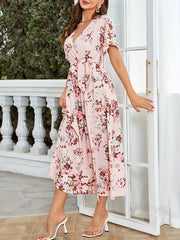 Floral Print Surplice Neck Dress Short Sleeve Split Dress