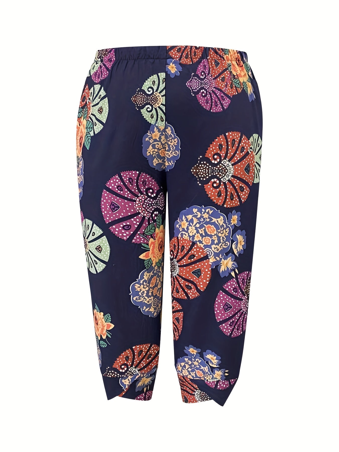  Boho Pants Women's Plus Floral Print Elastic Waist Pants