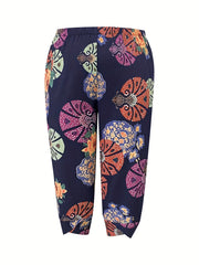  Boho Pants Women's Plus Floral Print Elastic Waist Pants