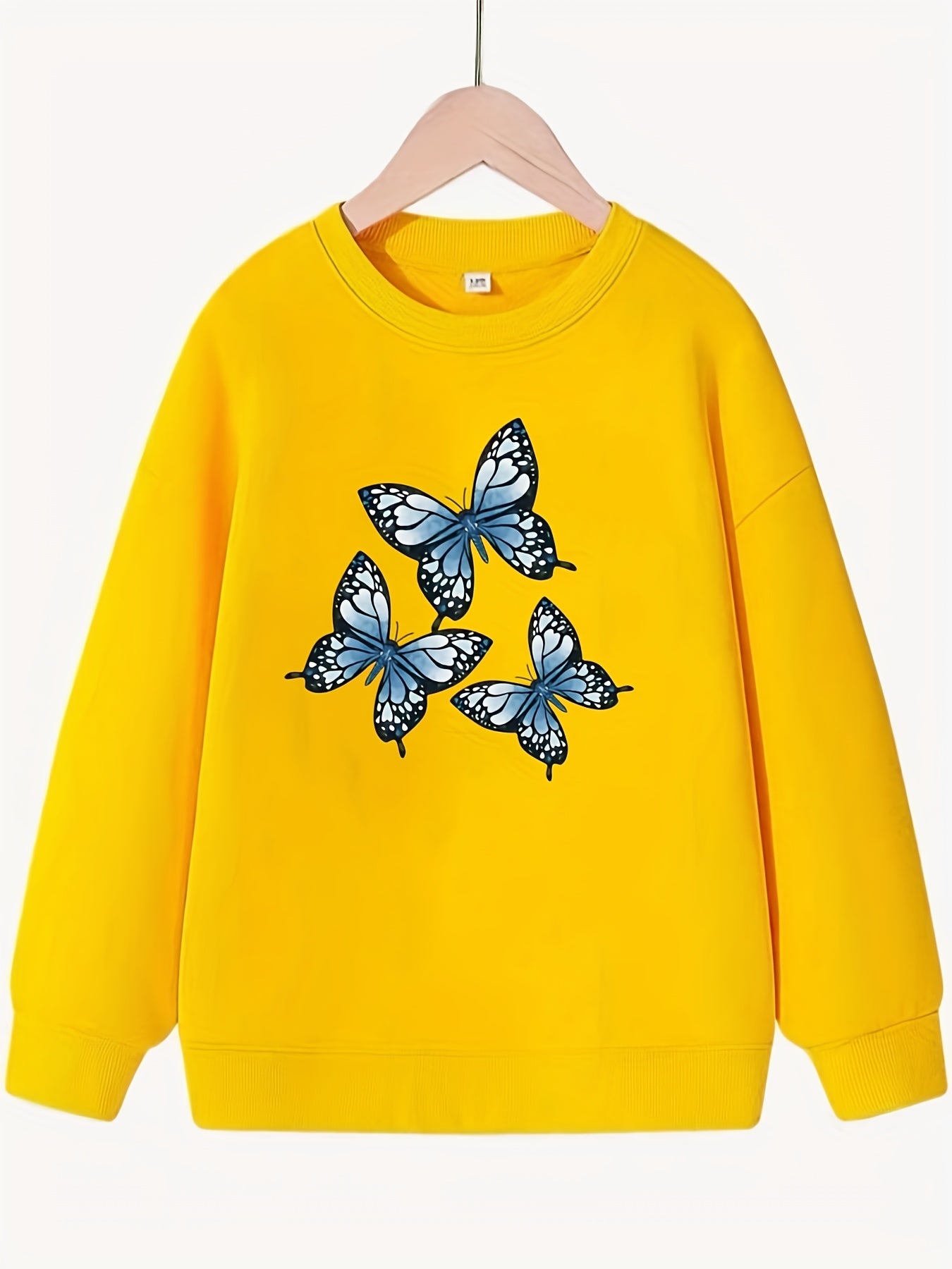 Girls Butterflies Pattern Sweatshirt Round Neck Casual Top Pullovers