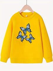Girls Butterflies Pattern Sweatshirt Round Neck Casual Top Pullovers