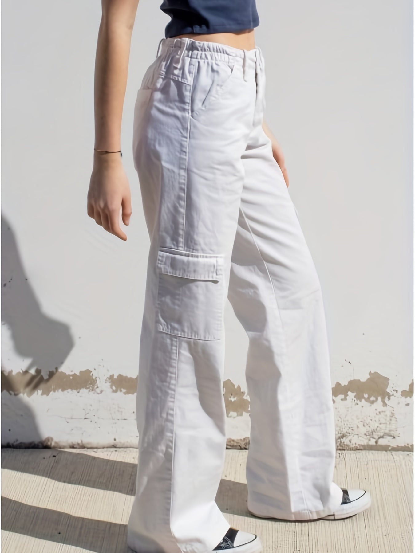 Solid Wide Leg Cargo Pants Casual Versatile Pants With Pockets Women