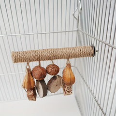 Interactive Wooden Parrot Perch with Fruit String & Activity Station