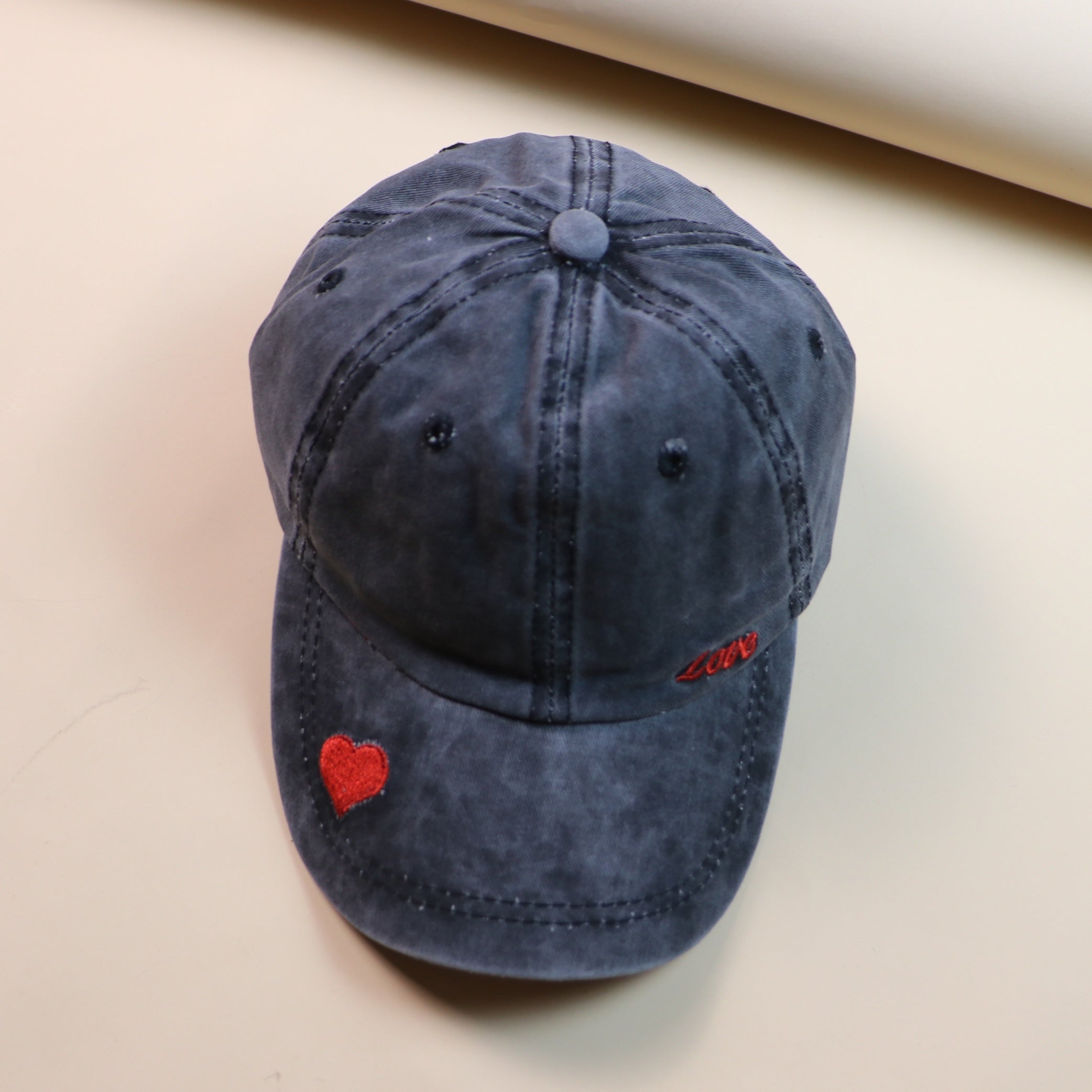 Red Love Embroidery Distressed Baseball Cap