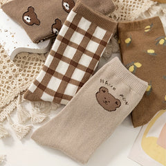 4 Pairs Cartoon Teddy Bear Crew Socks for Kids