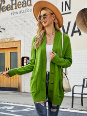  Solid Button Up Long Sleeve Cardigan With Pockets