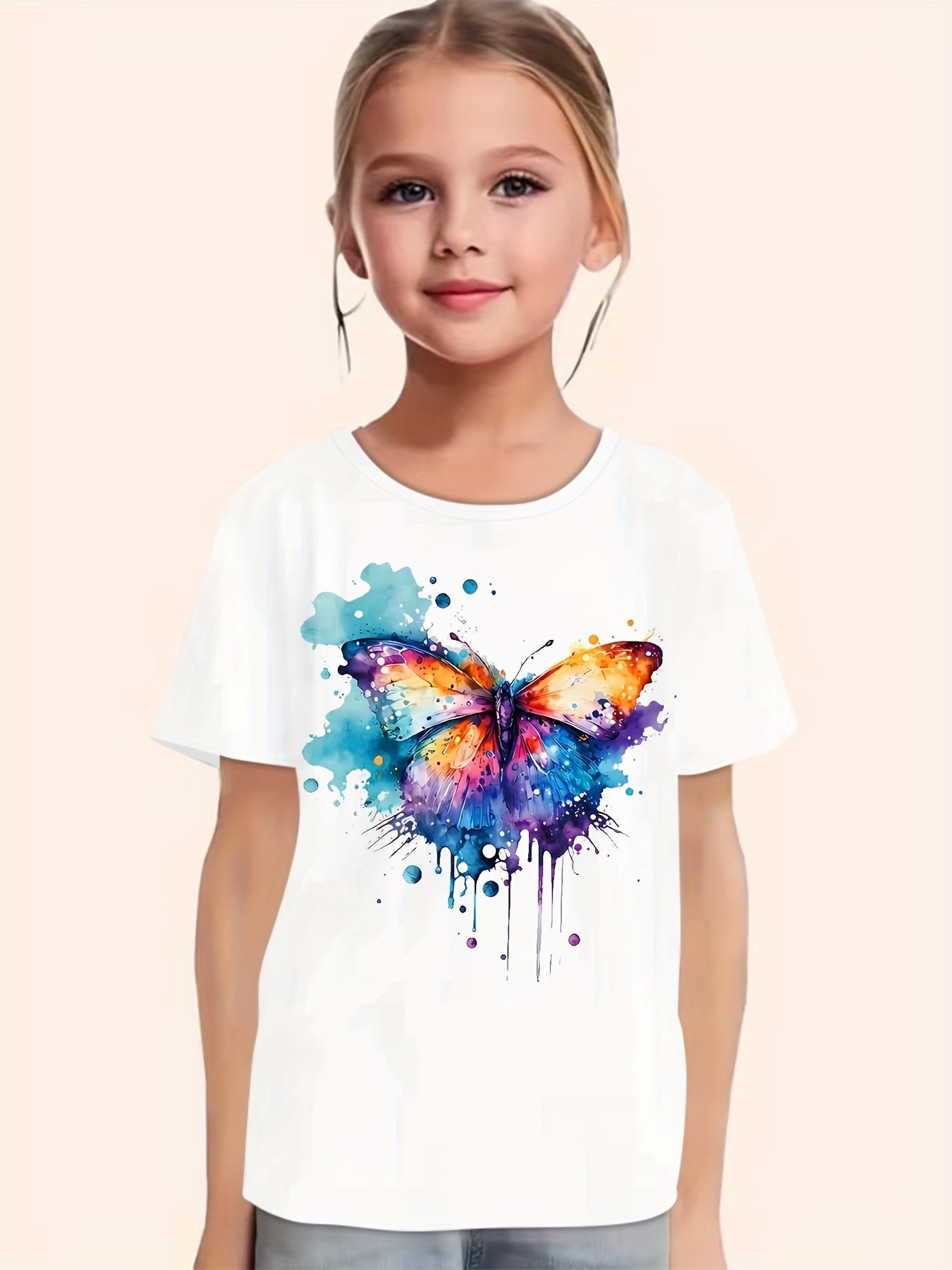 Tie Dye Butterfly Graphic Short Sleeve T shirt For Girls Summer
