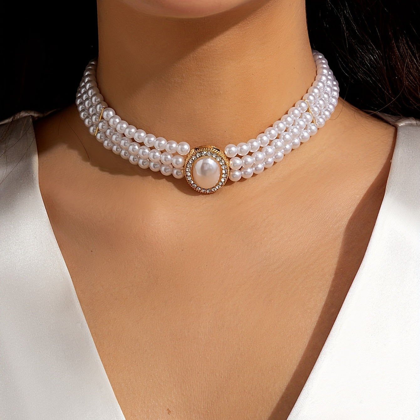 Beaded Faux Gemstone Pearl Choker Necklace Women's Party Jewelry