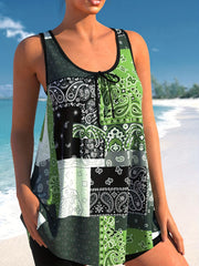  Paisley Print Tie Front Tankini Set