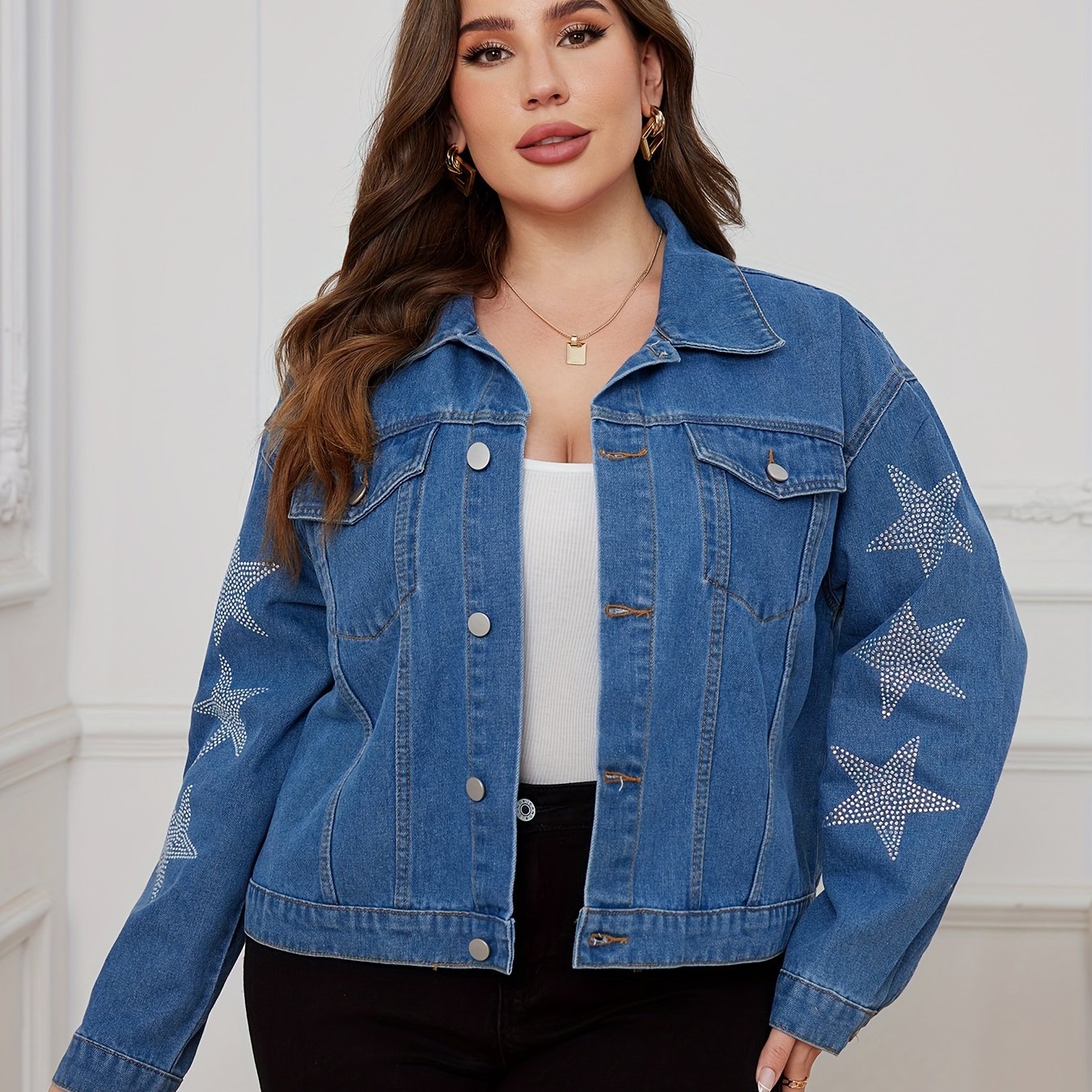  Star Print Button Up Denim Jacket