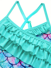 Mermaid Swimsuit with Lotus Leaf Edge and Fish Scale Print
