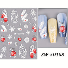 5D Embossed Christmas Nail Art Stickers Snowflake Gloves Feather Bulb Bells