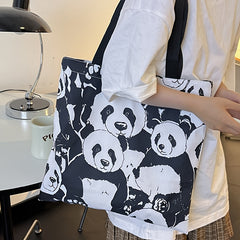 Panda Printed Tote Bag Cartoon Animal Shoulder Bag Large Capacity Storage