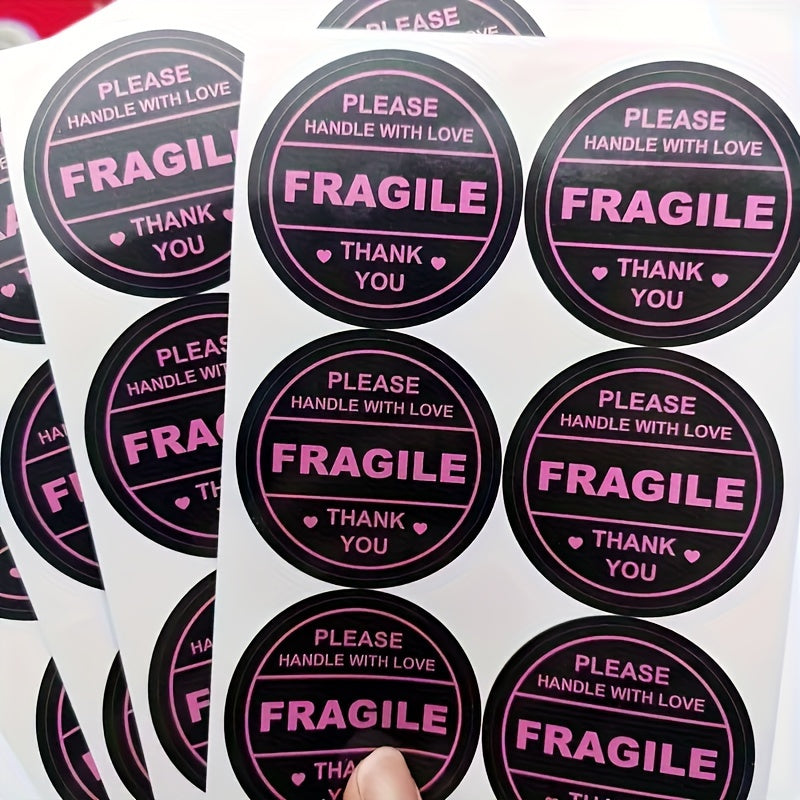 2" Pink Fragile Handle Heart Label Stickers 60pcs Adhesive