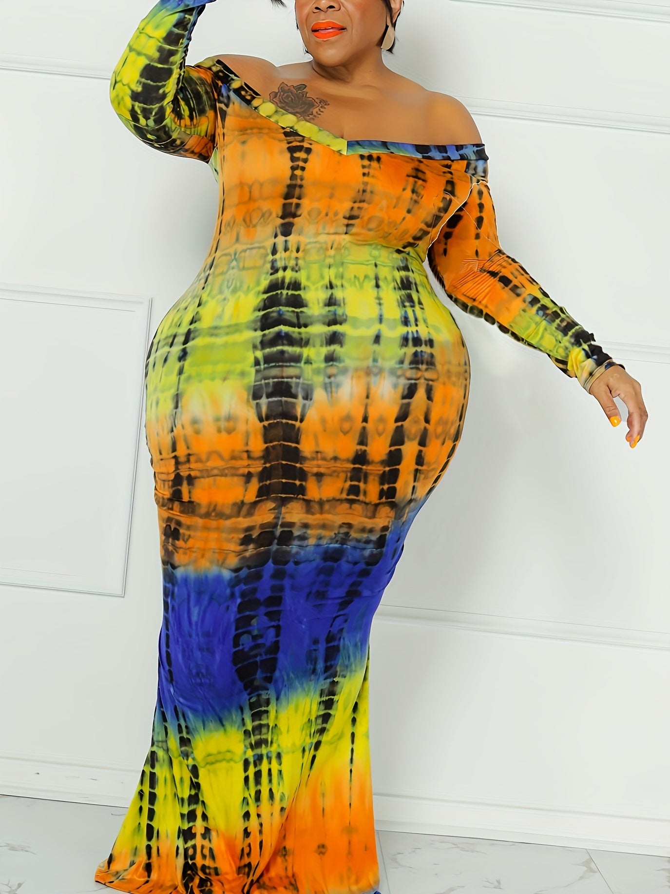  Tie Dye Off Shoulder Maxi Mermaid Dress