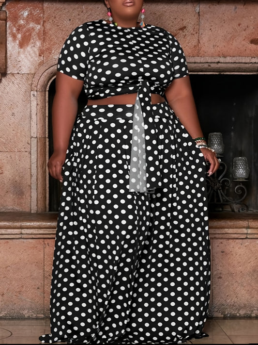  Polka Dot Short Sleeve Crop Top & Maxi Skirt 2pcs Set