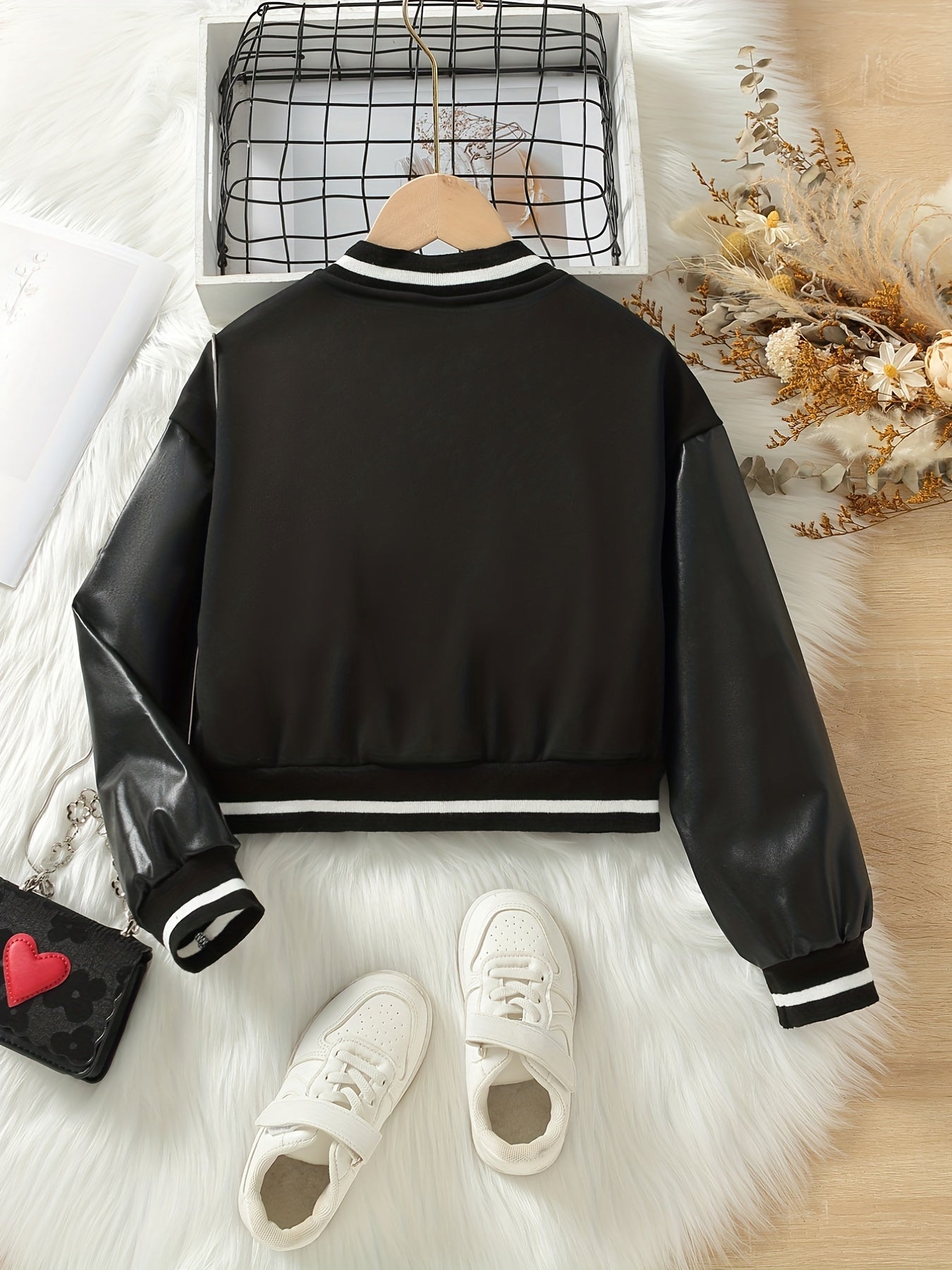 Girls' Leather Stitching Sleeves Baseball Jacket