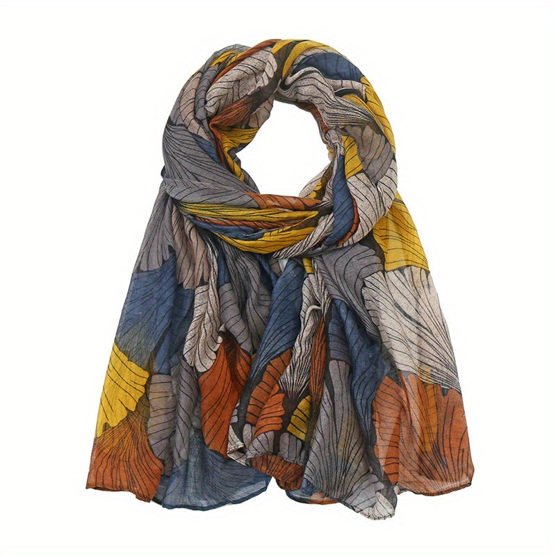 Ginkgo Leaf Print Voile Scarf Vintage Block Boho Shawl Women