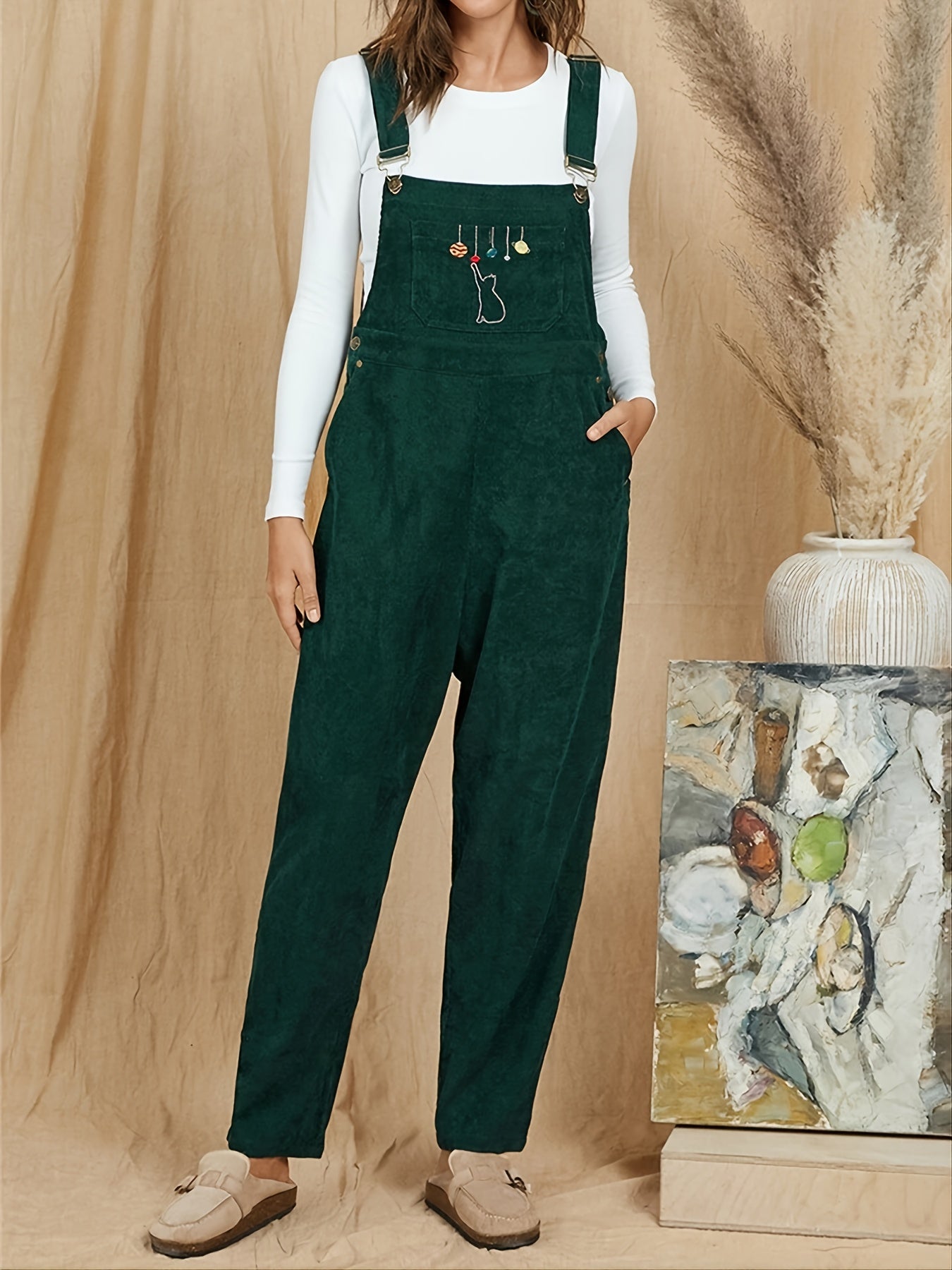 Casual Corduroy Criss Cross Jumpsuit Solid Pocket Loose Jumpsuit