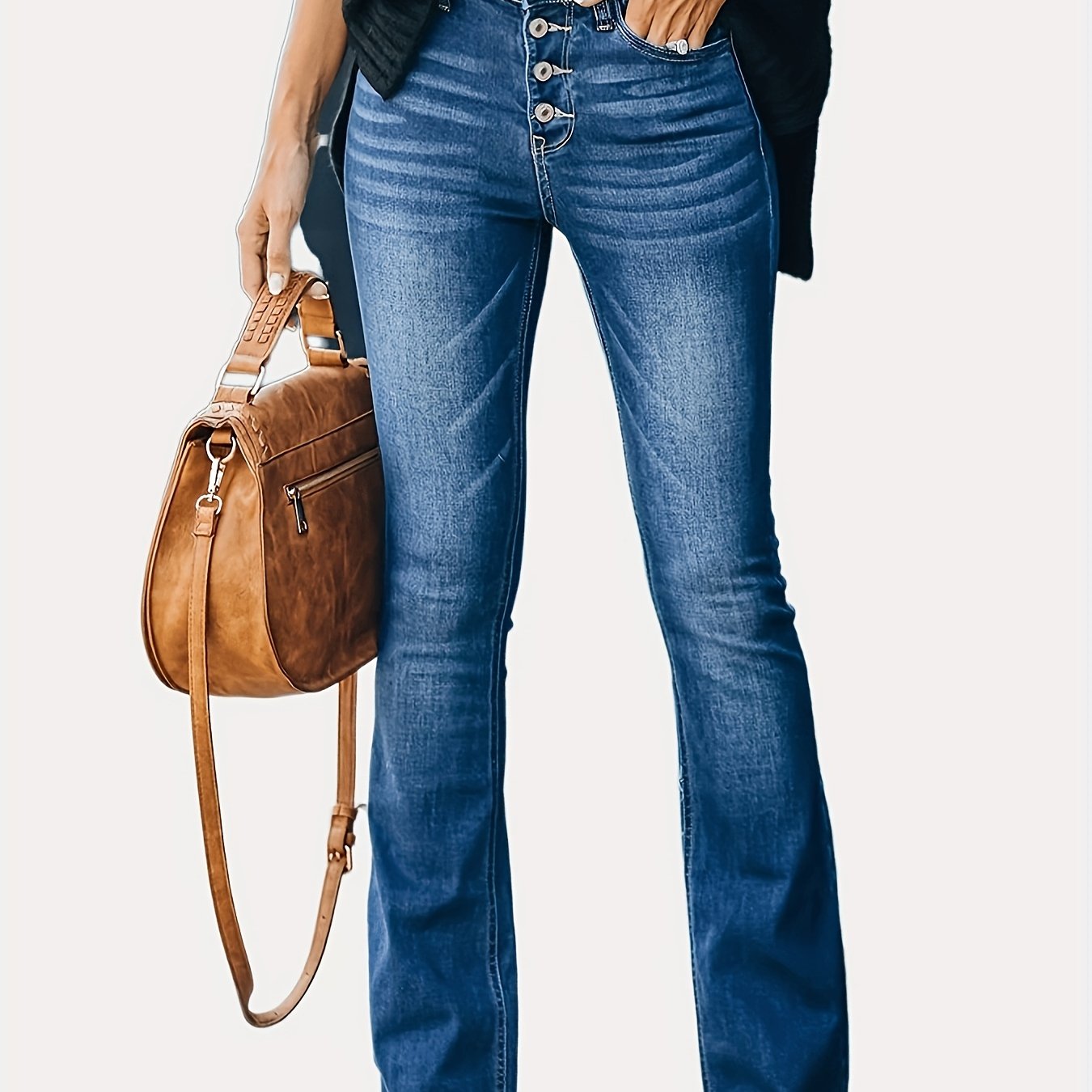 Embossed Button Bell Bottom Jeans Slim Fitting Bootcut Pants