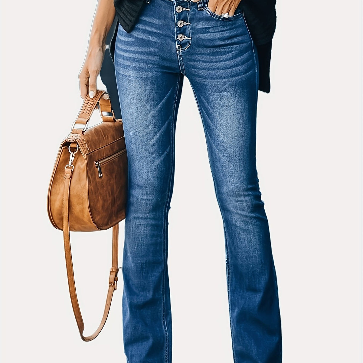 Embossed Button Bell Bottom Jeans Slim Fitting Bootcut Pants