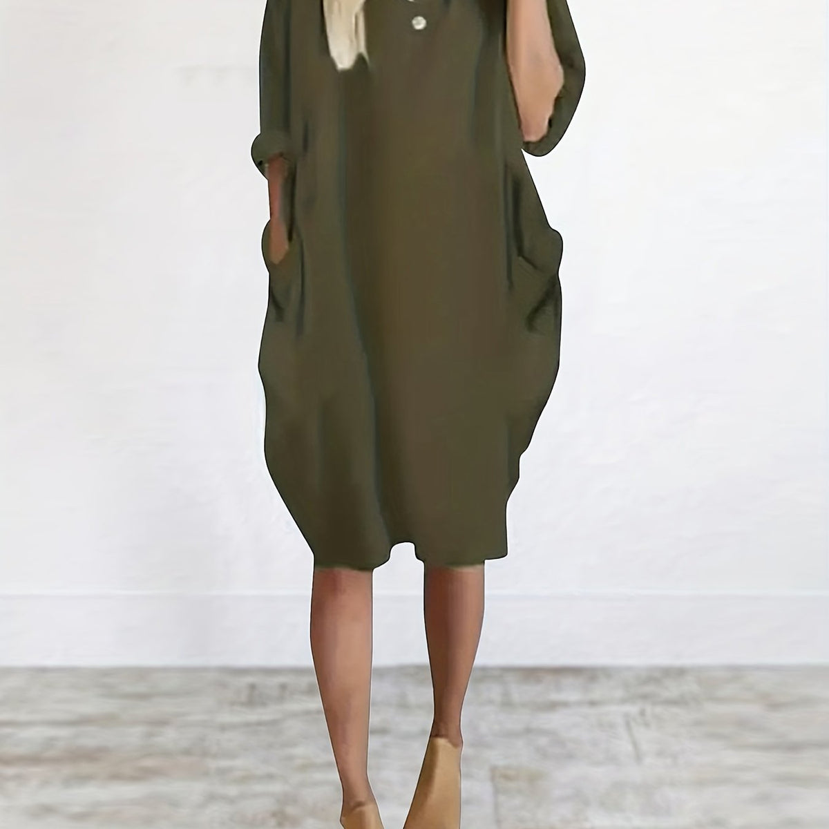  Casual Dress Women's Plus Solid Round Neck Long Sleeve Midi Dress