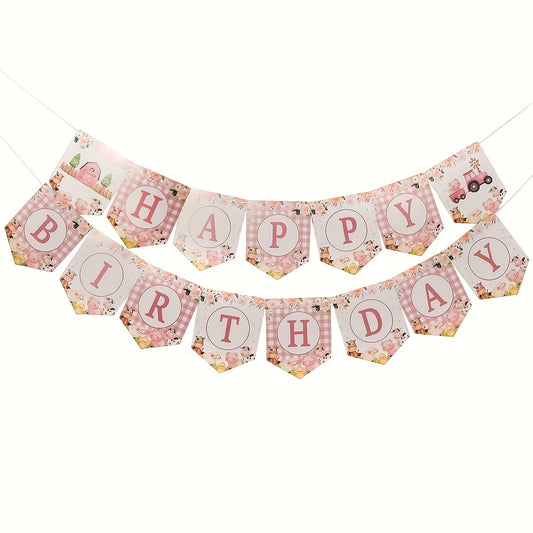 Pink Farm Birthday Theme Party Balloons & Cow Pull Flag Banner Set