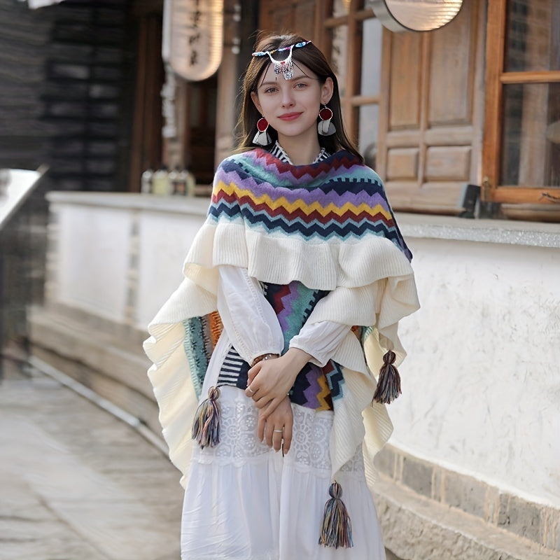 Boho Ruffles Knitted Shawl Geometric Tassel Cape