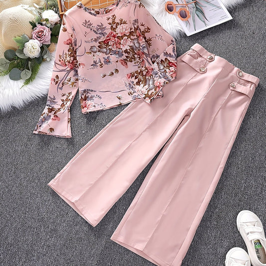 Girls 2pcs Long Sleeve Top & Pants Floral Print Kids Clothes