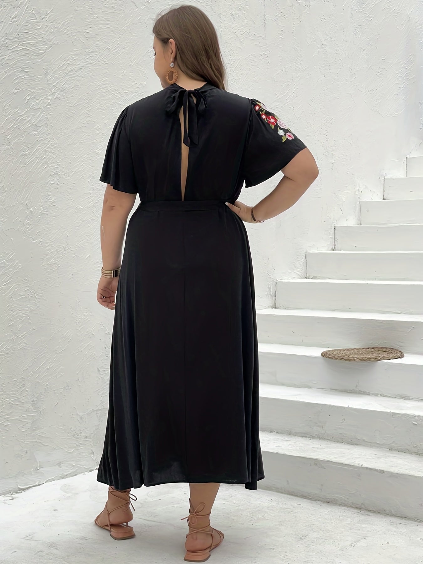  Floral Embroidered Short Sleeve Dress With Cut Out Tie Back
